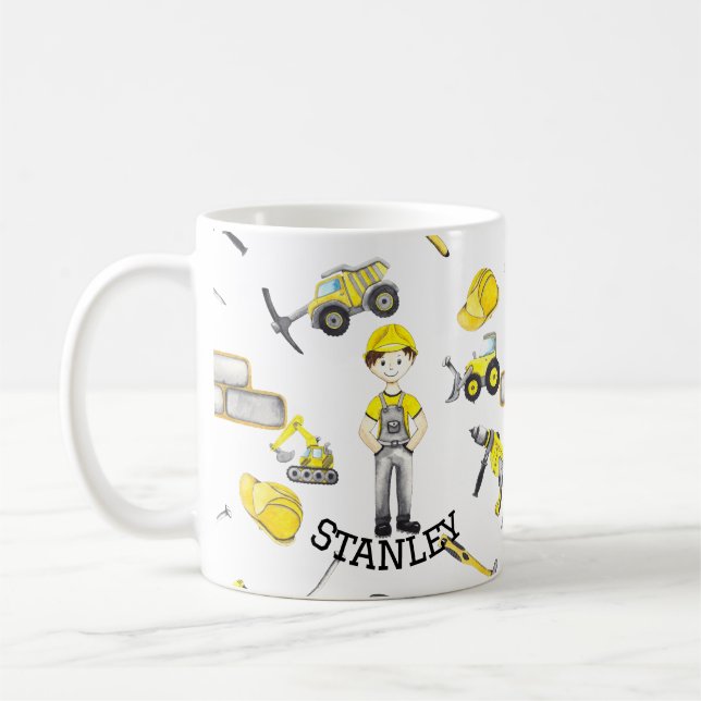 Cute Yellow Construction Truck Dump Pattern Coffee Mug (Left)