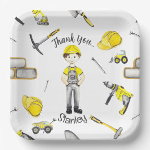 Cute Yellow Construction Truck Dump Pattern Paper Plate