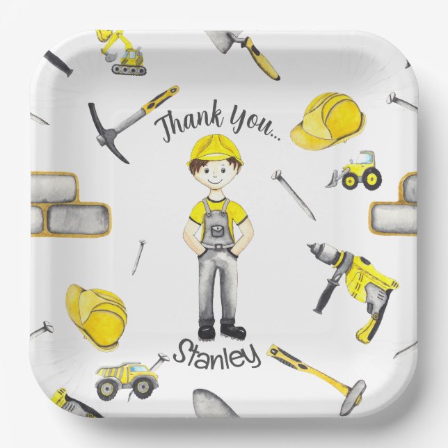 Cute Yellow Construction Truck Dump Pattern Paper Plate (Front)