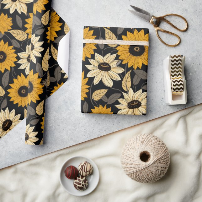 Cute Yellow Cream Sunflowers Black  Wrapping Paper (Crafts)