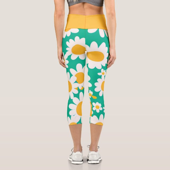Cute Yellow Daisy Flower Botanical pattern girly Capri Leggings (Back)