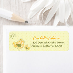 Cute Yellow Damask Mummy & Baby Bird Chic Address Return Address Label