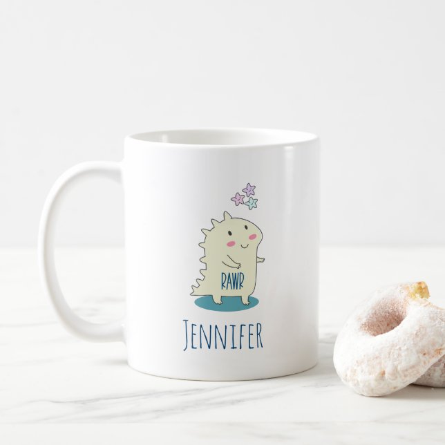 Cute Yellow Dino with Happy Stars Coffee Mug (With Donut)