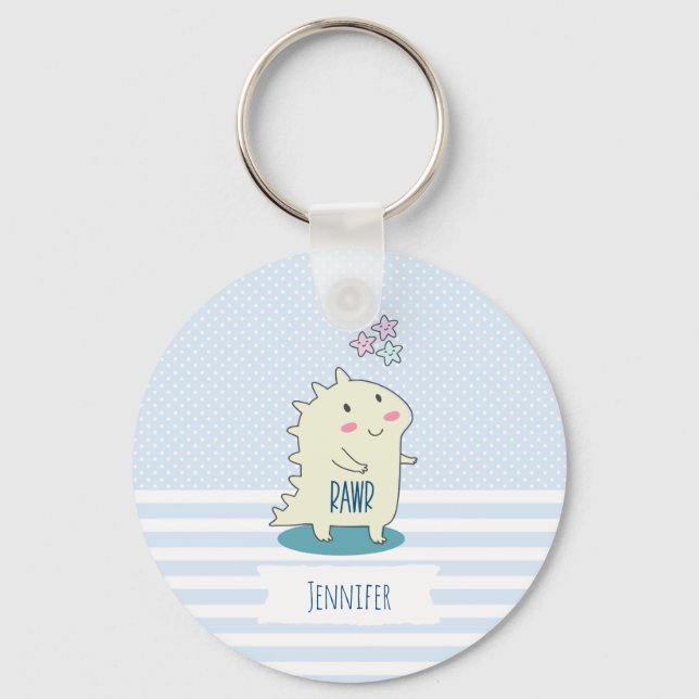 Cute Yellow Dino with Happy Stars Key Ring (Front)