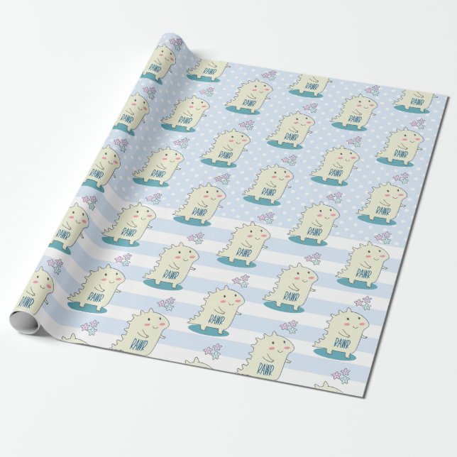 Cute Yellow Dinosaur Rawr with Happy Stars Pattern Wrapping Paper (Unrolled)