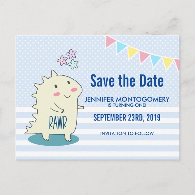 Cute Yellow Dinosaur with Happy Star Save the Date Postcard (Front)
