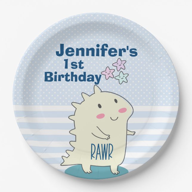 Cute Yellow Dinosaur with Happy Stars Birthday Paper Plate (Front)