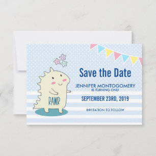 Cute Yellow Dinosaur with Happy Stars  Birthday Save The Date