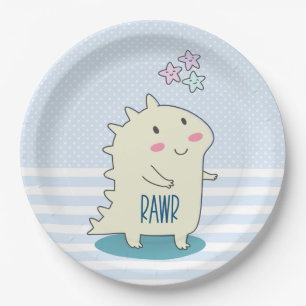 Cute Yellow Dinosaur with Happy Stars Paper Plate