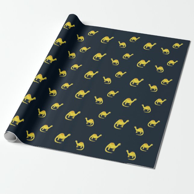 Cute yellow dinosaurs pattern on blue wrapping paper (Unrolled)
