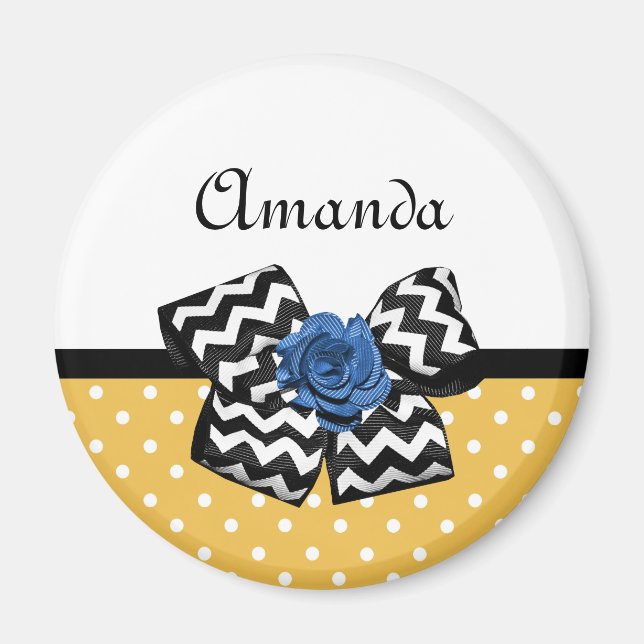 Cute Yellow Dots Blue Rose Chevron Bow With Name Magnet (Front)