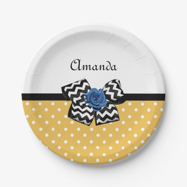 Cute Yellow Dots Blue Rose Chevron Bow With Name Paper Plate (Front)