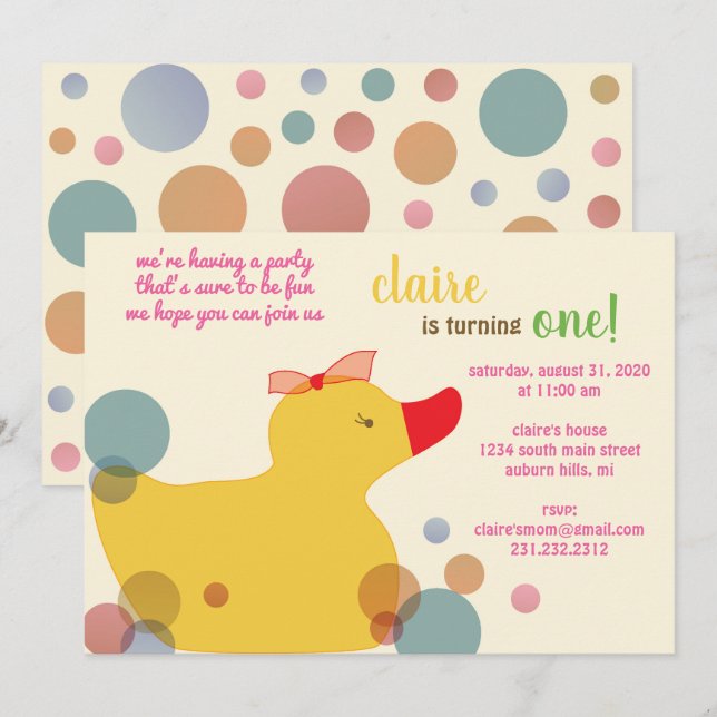 Cute Yellow Duck Birthday Party Invitation (Front/Back)