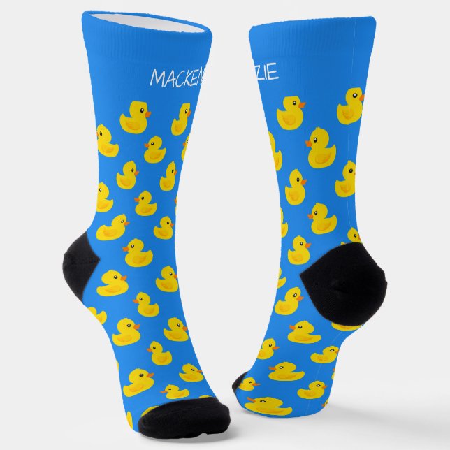 Cute Yellow Duck On Blue Pattern Personalised Socks (Angled)