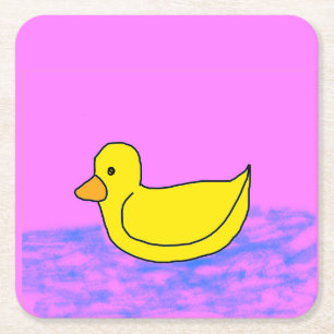 cute yellow duck on pink square paper coaster