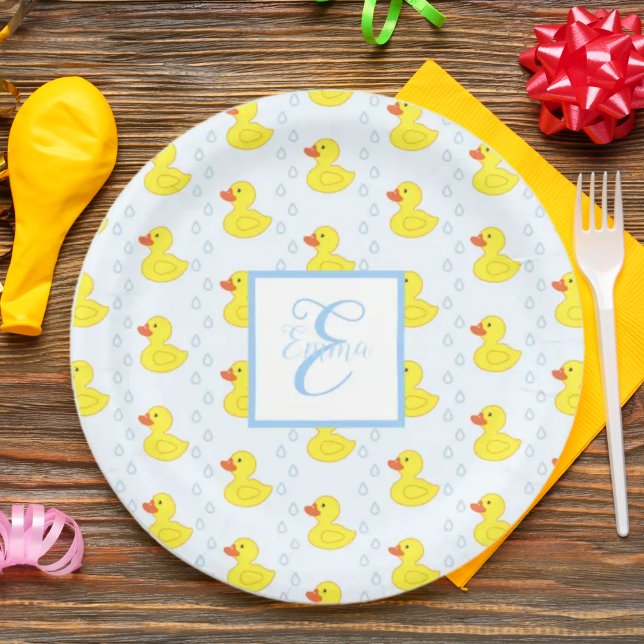 Cute Yellow Duck Pattern Monogram Baby Girl Paper Plate (Creator Uploaded)
