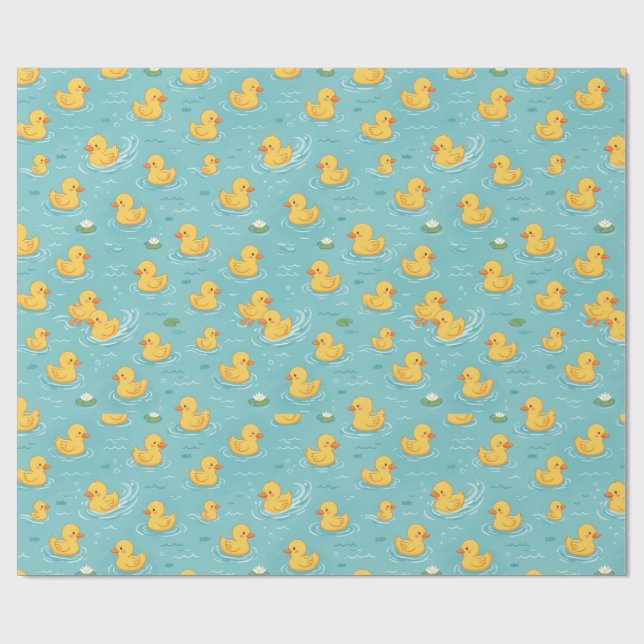Cute Yellow Duck Pond Pattern Wrapping Paper (Flat)