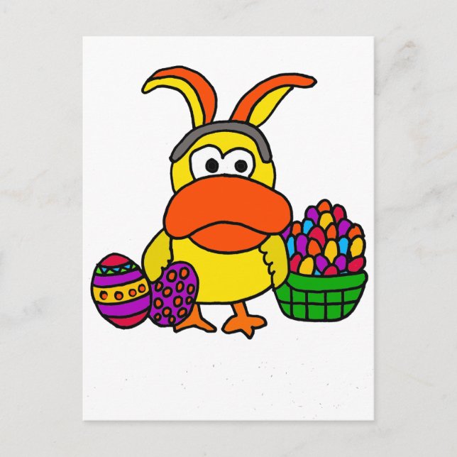 Cute Yellow Duck with Easter Bunny Ears and Basket Holiday Postcard (Front)