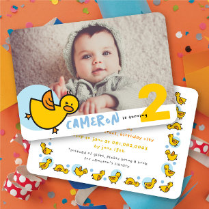 Cute Yellow Duckies Blue Photo Boy Birthday Party Invitation