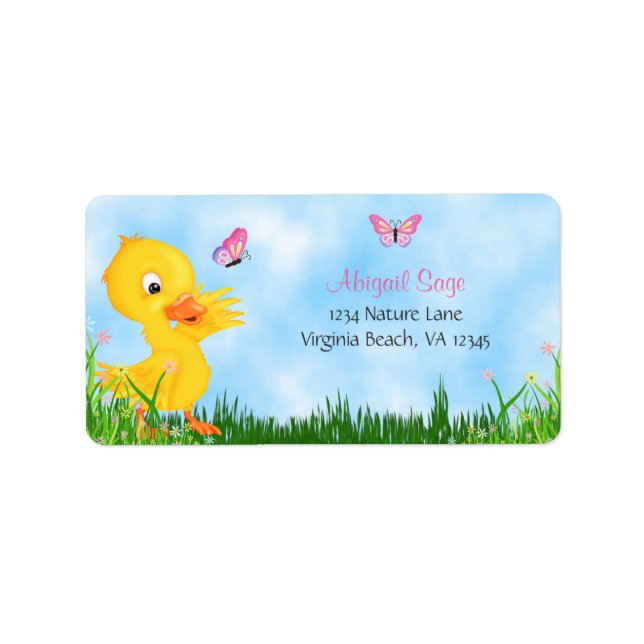 Cute Yellow Duckling and Pink Butterflies Address Label (Front)