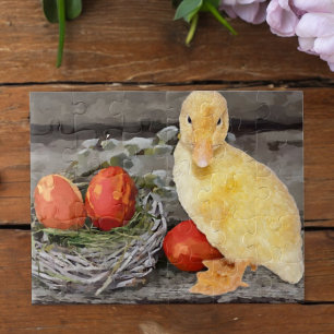 Cute Yellow Duckling Easter Eggs Nest Watercolor  Jigsaw Puzzle
