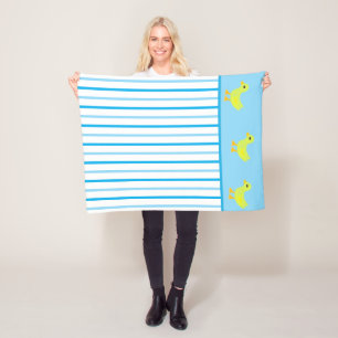 Cute Yellow Ducks Light Blue White Stripes Fleece Blanket