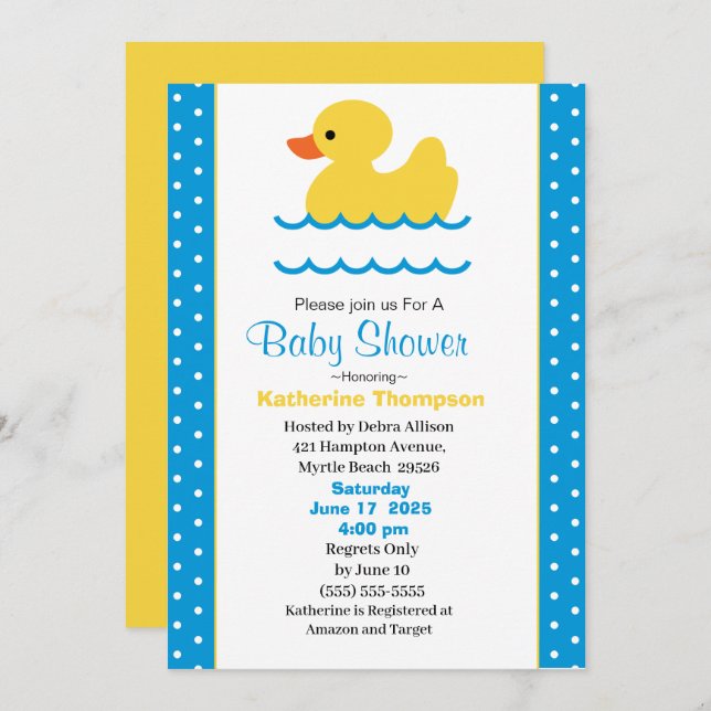Cute Yellow Ducky Boys Baby Shower Invitation (Front/Back)