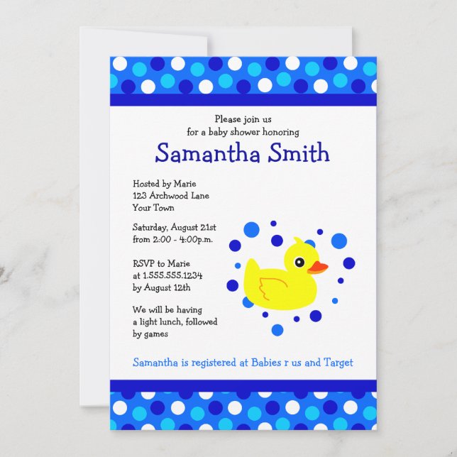 Cute Yellow Ducky on Blue Dots Baby Shower Invite (Front)