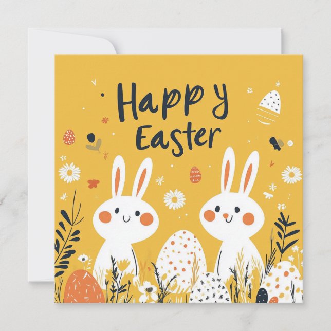 Cute Yellow Easter Bunnies Holiday Card (Front)