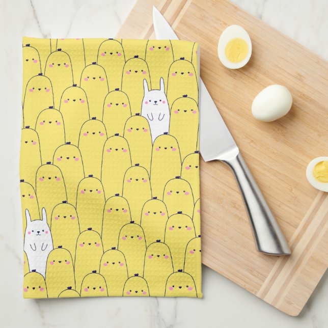 Cute Yellow Easter Chicks Eggs Pattern Tea Towel (Quarter Fold)