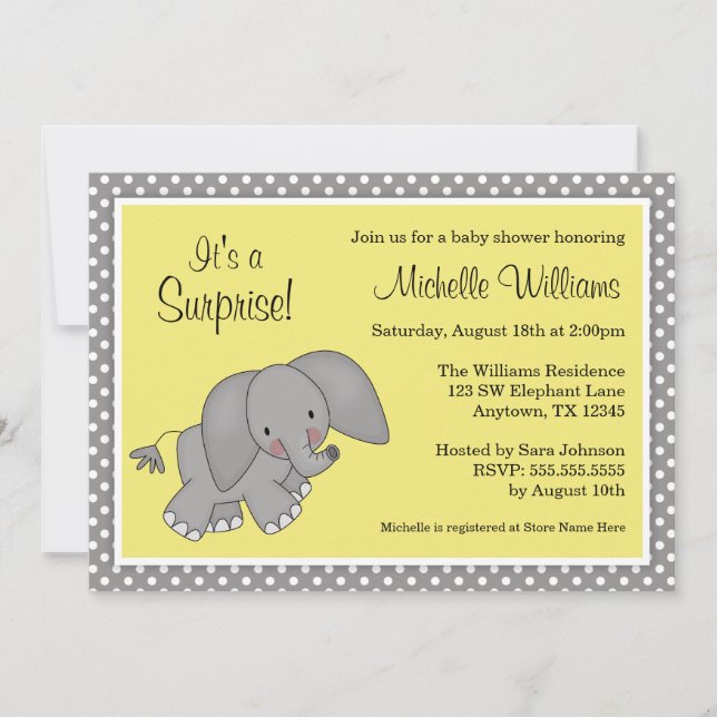 Cute Yellow Elephant Gender Neutral Baby Shower Invitation (Front)