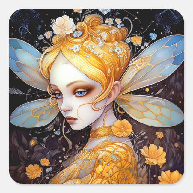 Cute Yellow Fairy Fantasy Art Square Sticker (Front)