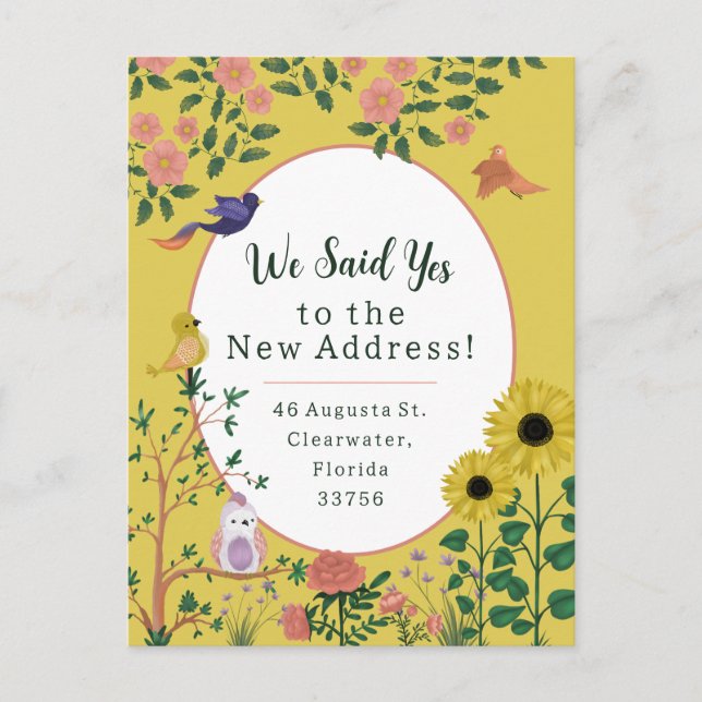 Cute Yellow Floral Birds New Address Announcement Postcard (Front)