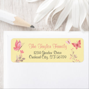 Cute Yellow Floral Pink Butterflies Return Address Label