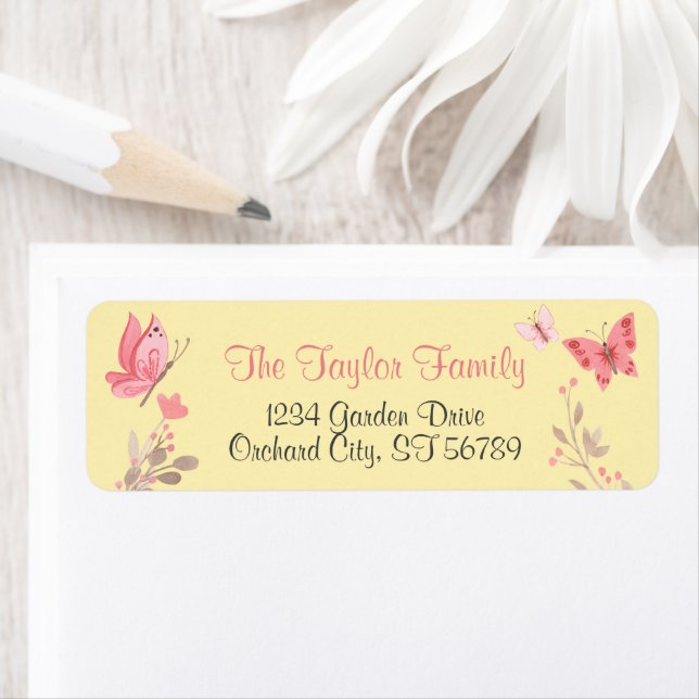 Cute Yellow Floral Pink Butterflies Return Address Label (Insitu)