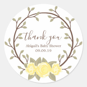 Cute Yellow Floral Wreath Baby Shower Classic Round Sticker