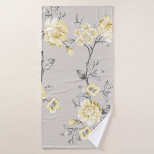 cute yellow flowers with grey leaves pattern on gr bath towel