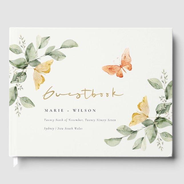 Cute Yellow Garden Foliage Butterflies Wedding Guest Book (Front)
