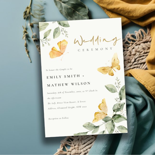Cute Yellow Garden Foliage Butterflies Wedding Invitation (Creator Uploaded)
