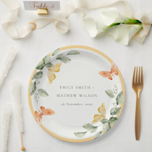Cute Yellow Garden Foliage Butterflies Wedding Paper Plate