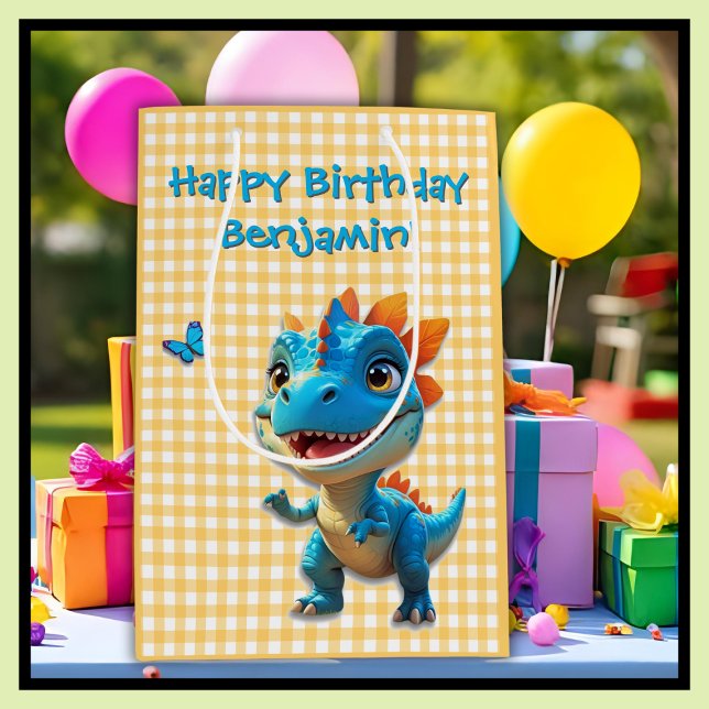 Cute Yellow Gingham Blue Dinosaur Birthday Medium Gift Bag (Creator Uploaded)