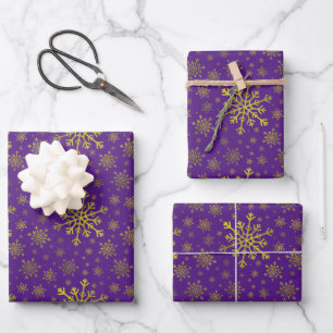 Cute Yellow Gold Christmas Snowflakes on Purple Wr Wrapping Paper Sheet