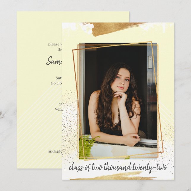 Cute Yellow & Gold Framed Graduation Invitation (Front/Back)