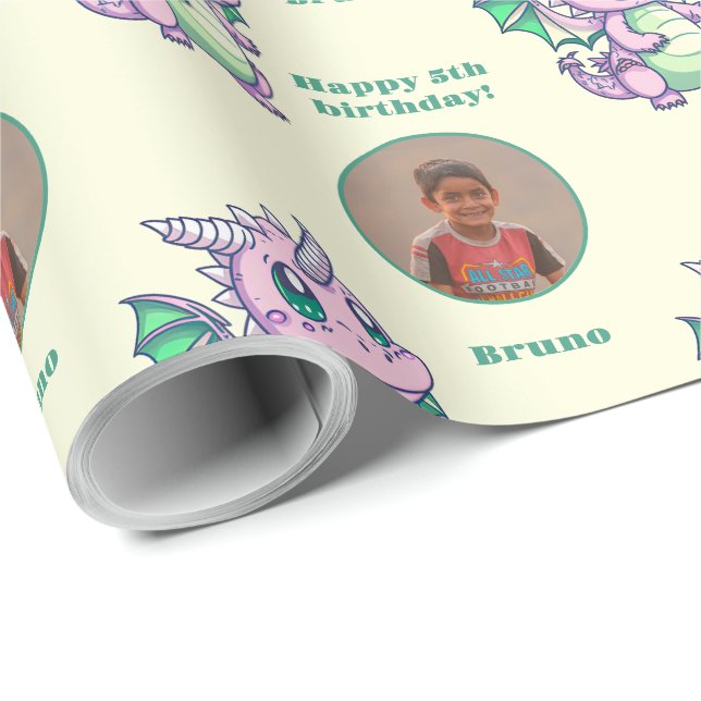 Cute Yellow Green Chibi Dragon Custom Photo Text Wrapping Paper (Roll Corner)