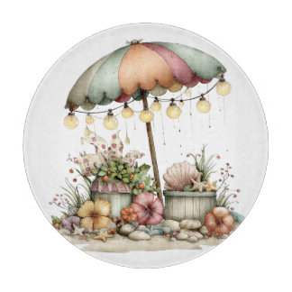 CUTE YELLOW GREEN RED BEACH SCENE UMBRELLA FLOWERS CUTTING BOARD