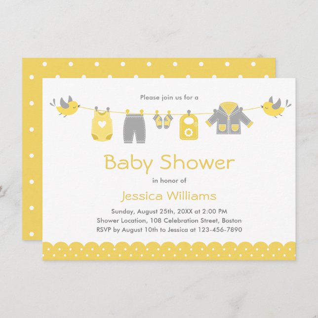 Cute Yellow Grey Clothes | Neutral Baby Shower Invitation (Front/Back)
