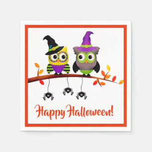 Cute Yellow & Grey Owl With Witch Hat Halloween Napkin