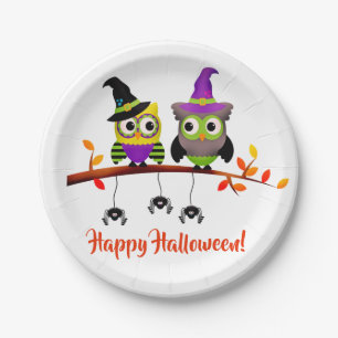 Cute Yellow & Grey Owl With Witch Hat Halloween Paper Plate