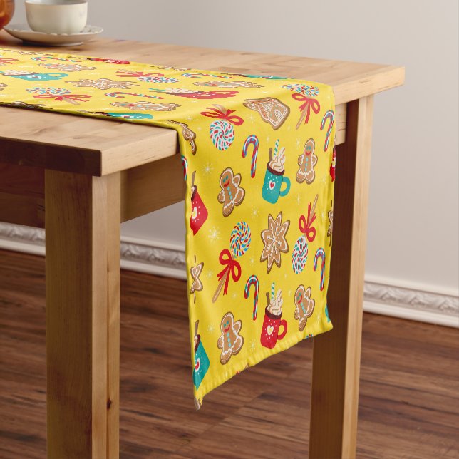 Cute Yellow Groovy Christmas Candy Gingerbread Short Table Runner (In Situ)