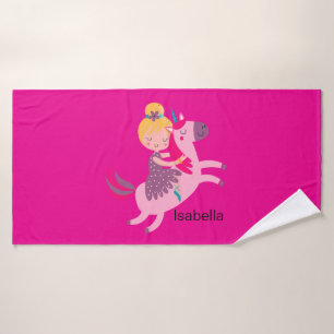 Cute Yellow Haired Girl Riding on a Unicorn Bath Towel